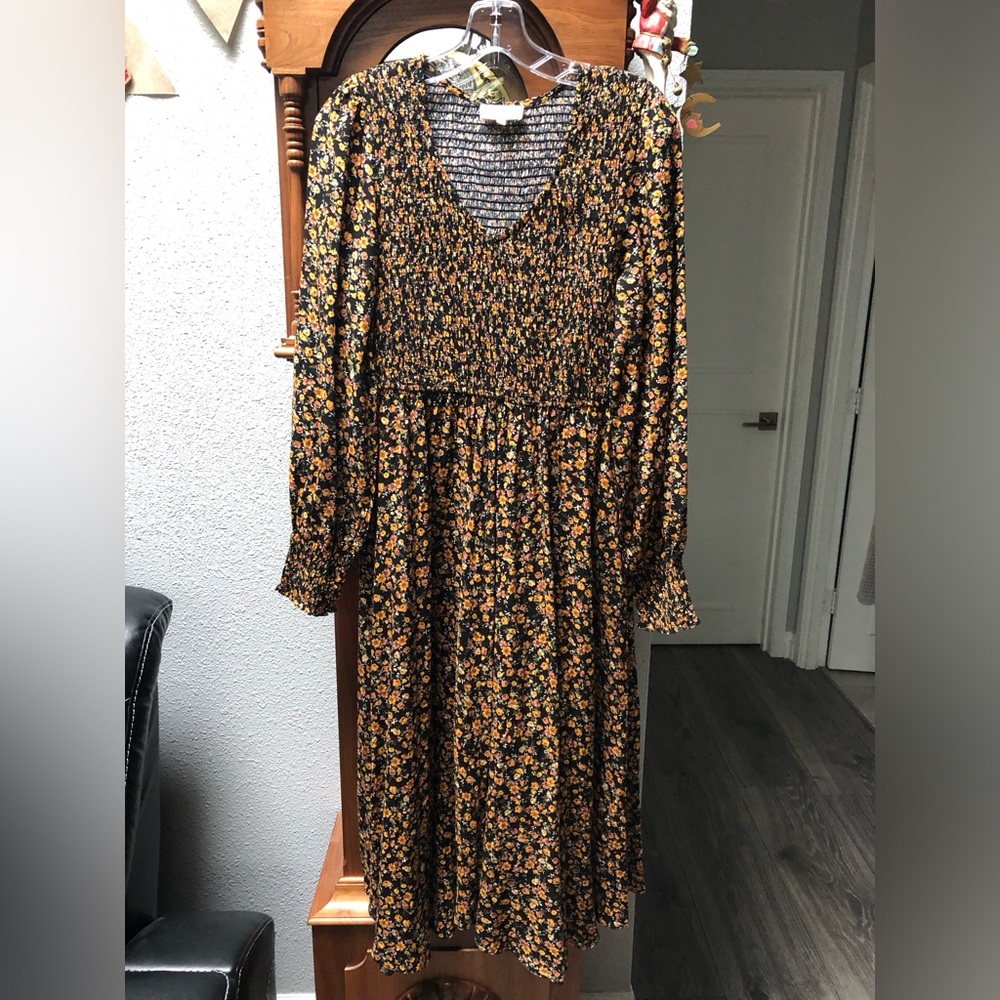 bohme Black & Yellow Floral Smocked V-Neck Long Sleeve Midi Dress